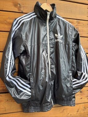 adidas reversible Black Track Jacket with White Three-Stripe and Logo Print